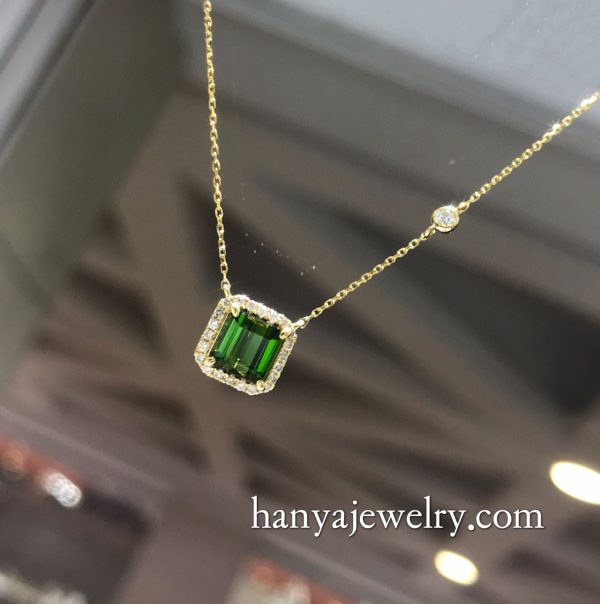 18k Gold Diamond Electric Green Tourmaline Necklace - Image 6