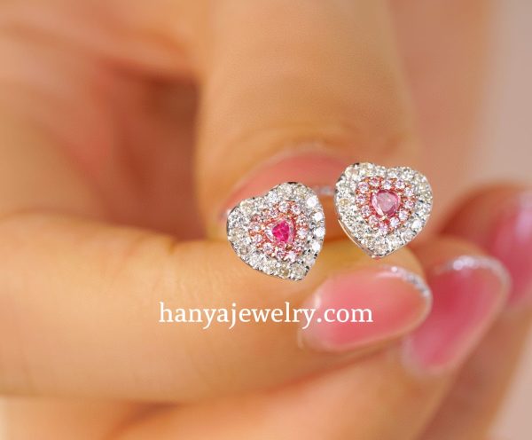 18K Gold Heart Shaped Pink Diamond Lovely Earrings - Image 6