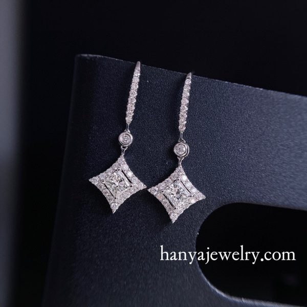 18K Gold Princess Square Diamond Earrings For Women Ear Hook - Image 4