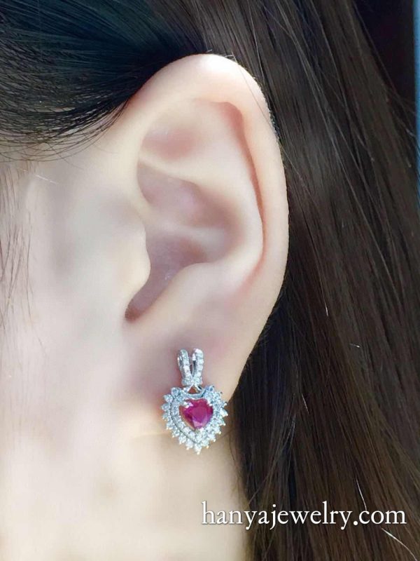 18K Gold Ruby Heart Shaped Diamond Earrings