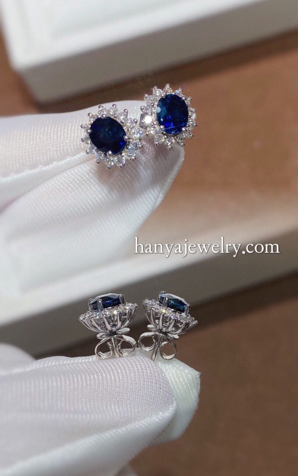 18K Gold Blue Sapphire Elegant Diamond Earrings - Image 4