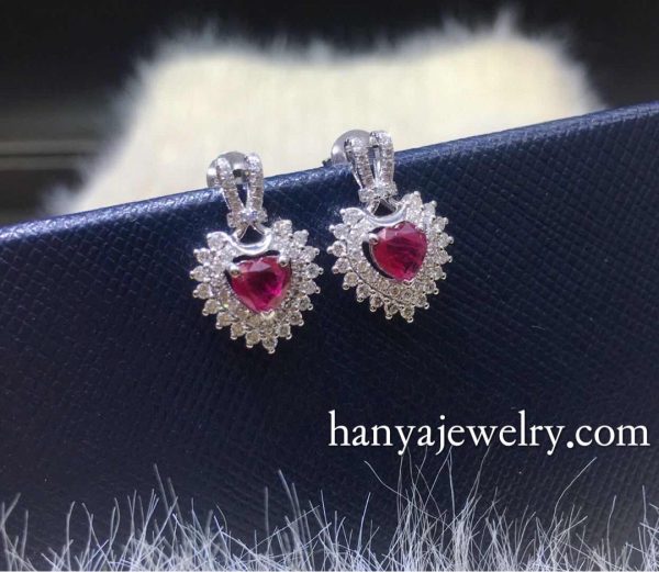 18K Gold Ruby Heart Shaped Diamond Earrings - Image 4