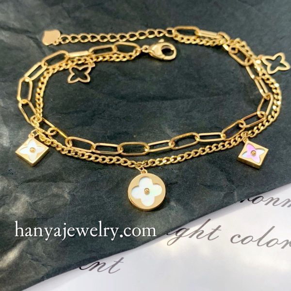 18K Gold Four Leaf Clover Double Layer Bracelet - Image 3