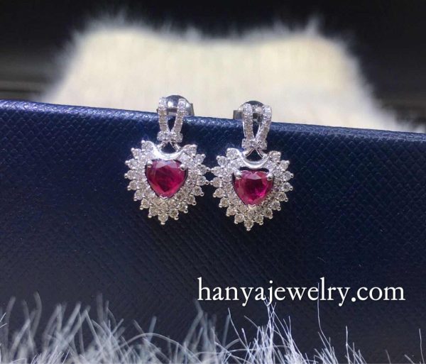 18K Gold Ruby Heart Shaped Diamond Earrings - Image 3