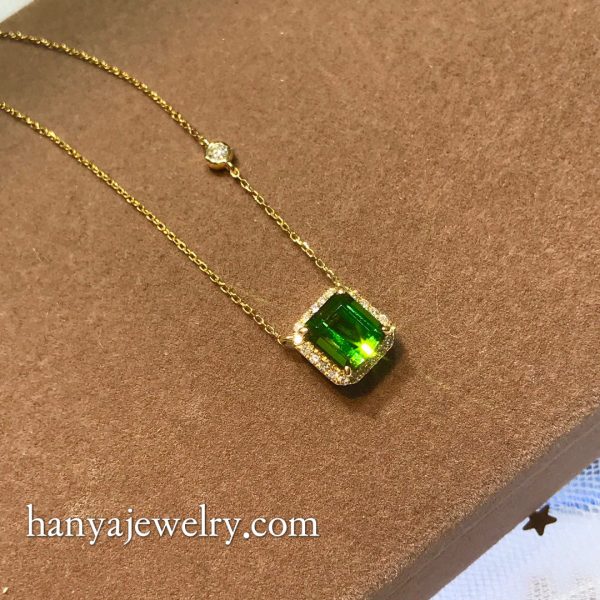 18k Gold Diamond Electric Green Tourmaline Necklace - Image 3